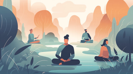 A group of people are sitting in a field, meditating - generative ai