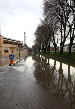 street of the city completely flooded after the flooding of the river due to the torrential rain and the sewage system