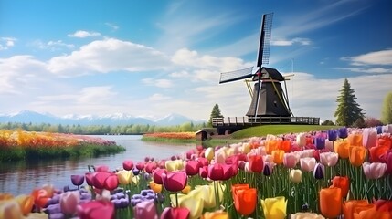 tulips blooming in the Netherlands, a windmill in the background.