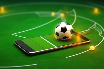 soccer ball on a smart phone. 3d illustration of soccer ball on a smart phone. Online Casino and Betting Concept with Copy Space. Gambling Concept.