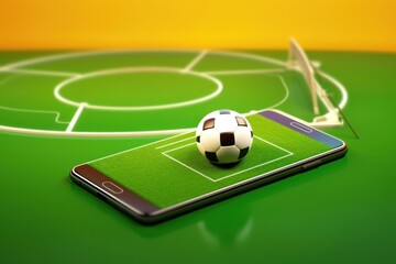 Soccer ball on a football field with a soccer ball on a smart phone. Online Casino and Betting Concept with Copy Space. Gambling Concept.