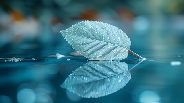 A white transparent leaf over a mirror surface with a reflection of a turquoise background macro. An artistic image of a ship in a lake. A dreamy image of nature, a free space.
