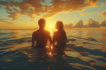 Caucasian young couple in love swim in tropical sea