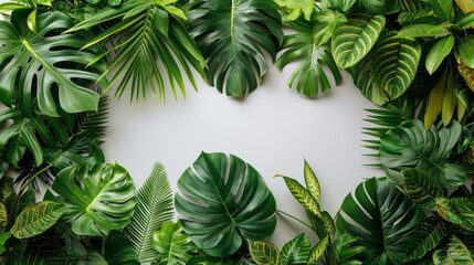 An attractive layout of colorful tropical leaves on a white background. An exotic summer concept with copy space. Border arrangement.