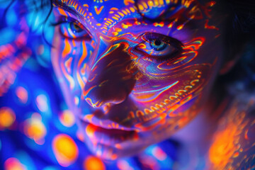 Neon Dream: Intense Close-Up of a Face with Vibrant UV Fluorescent Paint