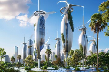 A futuristic renewable energy complex with vertical wind turbines and high-efficiency solar panels in an urban setting Architecture for energy conservation and sustainability
 - obrazy, fototapety, plakaty