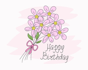 Bouquet of flowers, holiday. Birthday. Congratulations postcard. Lettering, calligraphy doodle. Linear drawing of chamomile, meadow flower. Vector illustration.