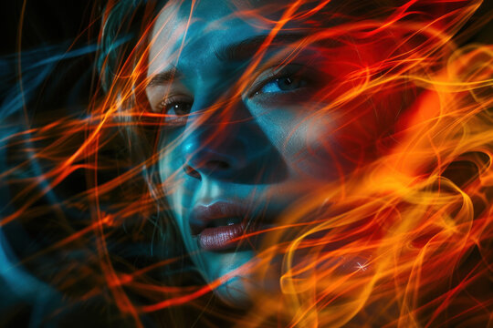 Vivid Essence: Woman's Face Illuminated by Dynamic Swirls of Neon Light Trails