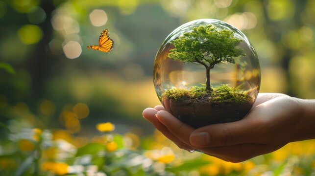 The Earth crystal ball with the growing tree in a human hand, flying yellow butterflies on a sunny green background is a card for World Earth Day. The theme is saving the environment, cleaning the