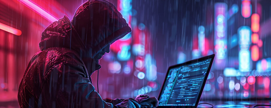 Cyber crime in neondrenched cyberpunk city hackers in shadow data streams flowing digital espionage