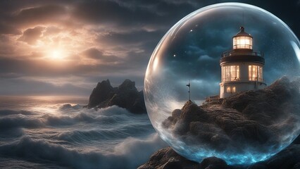 landscape with moon highly intricately detailed photograph of Lighthouse at nighttime on Japanese sea    inside a crystal ball
