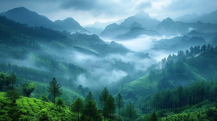 The mountains are covered in mist in the morning, an amazing nature scene from Kerala's God's own Country. This is a type of nature image that shows a relaxed and fresh lifestyle. - obrazy, fototapety, plakaty