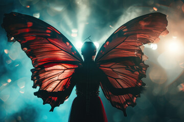 Metamorphosis Enigma: Silhouette of a Person with Majestic Butterfly Wings Against a Misty Light - obrazy, fototapety, plakaty