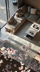 Spacious modern living room, hyperrealism, elegant, luxury, family, top-down view, full of light