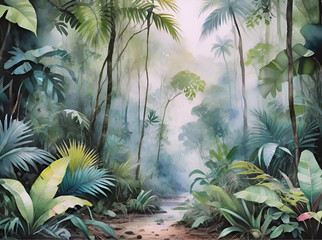 Generative AI watercolor painting, tropical jungle background