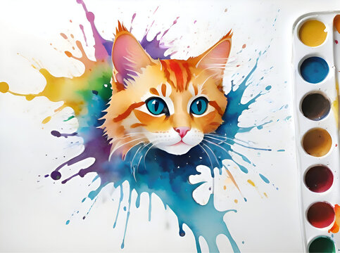 Generative AI watercolor splash painting, ginger cat