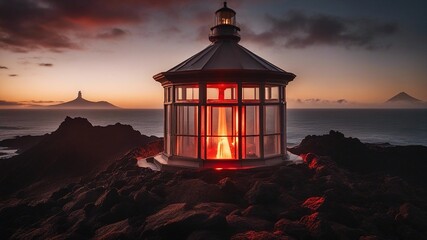 lighthouse at sunset A scary Cape Egmont lighthouse in a hellish taranaki mount volcano, with lava, rocks,  