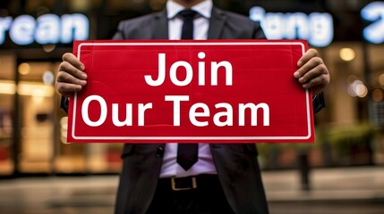 Professional businessman holding a sign  join our team  in front of a corporate building