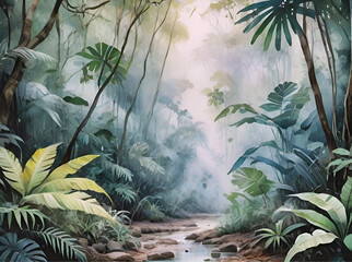 Generative AI watercolor painting, tropical jungle background