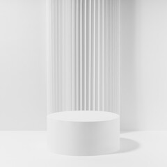 Abstract stage with one white round podium with striped pillar as decoration, mockup on white...