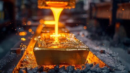 the process of molden gold being carefully poured into gold bars - factory closeup 