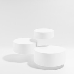 Three levitate white round podiums in hard light, shadow, mockup on white background. Template for...