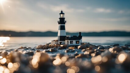 lighthouse at sunset  is made of Lego bricks and the water is clear 