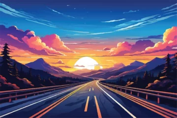Muurstickers Road landscape with beautiful sunset view illustration. Beautiful Landscape showing view of a road leading to hills. highway drive with beautiful sunset landscape. Road through fields and hills.      © Usama