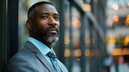Obraz premium Contemplating Success: A Business Leader's View from the City Office. Concept Workplace Challenges, Leadership Strategies, Professional Growth, Corporate Success, Office Environment