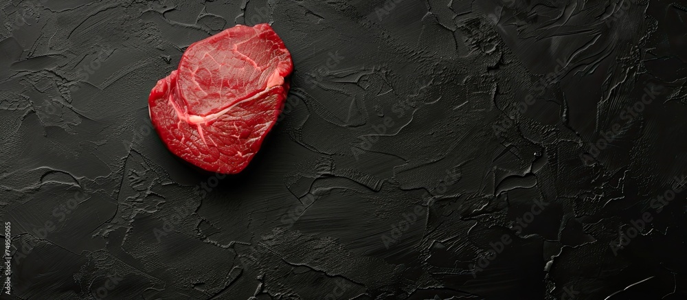 Poster A piece of raw meat is placed on a black surface in both side and top view. The meat appears fresh and uncooked, with visible marbling and texture.