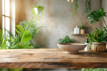 A warm, sunlit interior scene with a wooden table, a ceramic bowl, and lush green plants creating a peaceful ambiance.