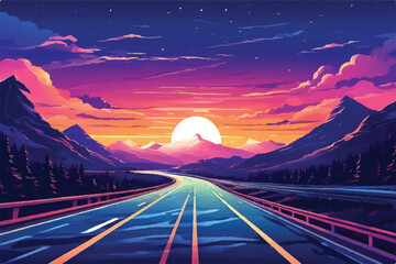 Road landscape with beautiful sunset view illustration. Beautiful Landscape showing view of a road leading to hills. highway drive with beautiful sunrise landscape. Road through fields and hills.     