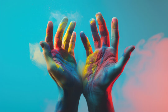 Vibrant Hands Covered in Colorful Paint against a Dynamic Blue and Red Background