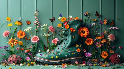 mint rubber boots on a green background - obrazy, fototapety, plakaty