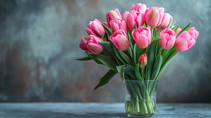 A bouquet of pink tulips in a glass vase with copy space
