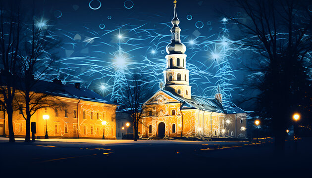 A view of charch on outside with black view of trees and glowing blue sky background with night view Ai Generative