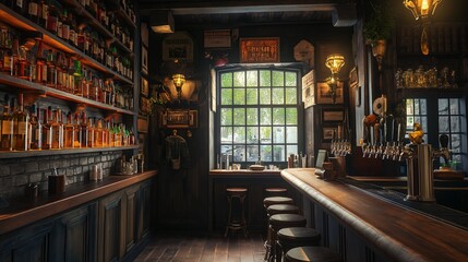the counter bar in a cosy old english or irish pub with lots of whisky bottles in the background - 749505872