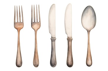 Retro cutlery isolated on white background, spoon, forks and knives for table setting, watercolor illustration in vintage style for advertising flyers or menu, drawing Generative AI