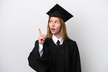 Young university graduate English woman isolated on white background thinking an idea pointing the finger up