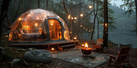 A geodesic dome tent illuminated by fairy lights offers a cozy retreat in a misty forest at twilight. - obrazy, fototapety, plakaty