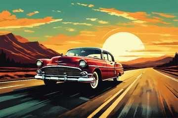 Classic vintage car on highway illustration. Beautiful retro car driving along the highway. Summer road trip adventure, vintage car driving along a scenic coastal highway. Beautiful Vintage car. - obrazy, fototapety, plakaty