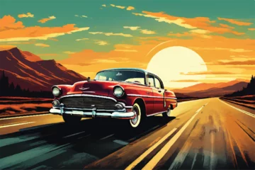 Poster Classic vintage car on highway illustration. Beautiful retro car driving along the highway. Summer road trip adventure, vintage car driving along a scenic coastal highway. Beautiful Vintage car. © Usama