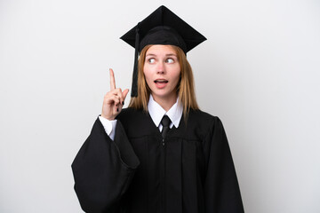 Young university graduate English woman isolated on white background intending to realizes the solution while lifting a finger up