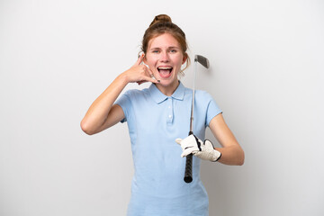 Young English woman playing golf isolated on white background making phone gesture. Call me back...
