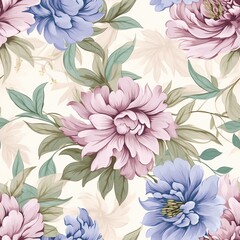 Seamless watercolor bright floral pattern with pink and lilac flowers with green leaves for textiles, wallpapers and all prints, botanical tiles, composition Generative AI