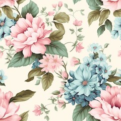 Seamless watercolor bright floral pattern with pink and blue flowers with green leaves for textiles, wallpapers and all prints, botanical tiles, composition Generative AI