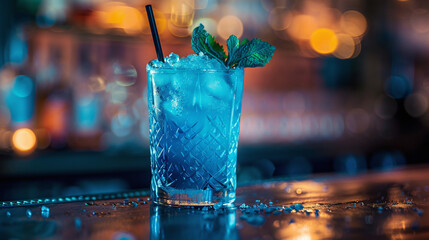 Blue cocktail with ice and mint on a bar counter in a nightclub