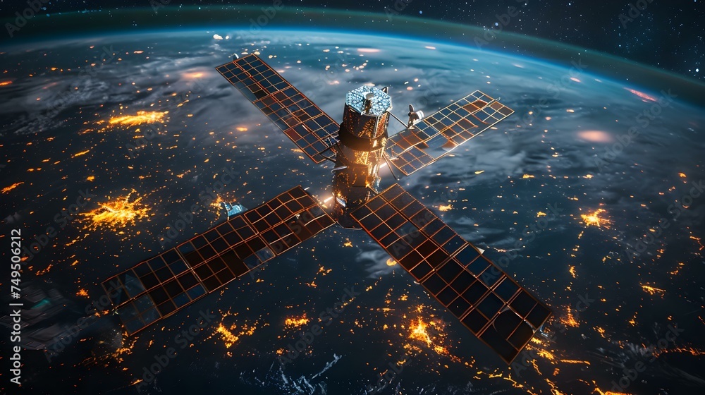 Aufkleber futuristic telecom satellite in orbit with holographic data and global connectivity. concept technol