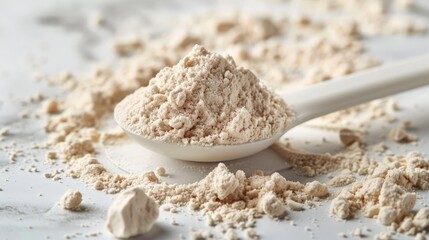 closeup of whey protein powder in a measuring spoon - isolted on a white background