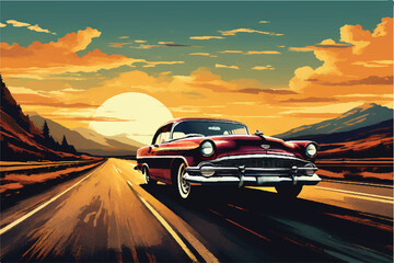 Classic vintage car on highway illustration. Beautiful retro car driving along the highway. Summer road trip adventure, vintage car driving along a scenic coastal highway. Beautiful Vintage car. - obrazy, fototapety, plakaty